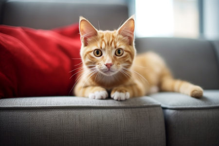 Red shorthair cat lies on the sofa indoors. AI generatedの素材