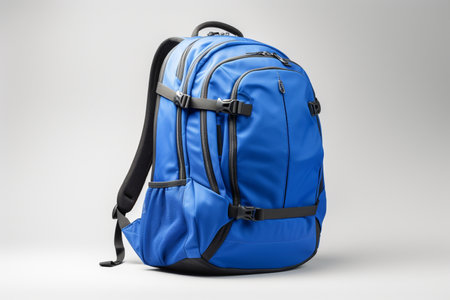 Blue school bag on a gray background. Back to school. AI generatedの素材