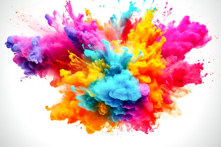Colored powder explosion. Paint holi, Colorful rainbow holi paint splash on isolated white background. AI generatedの素材