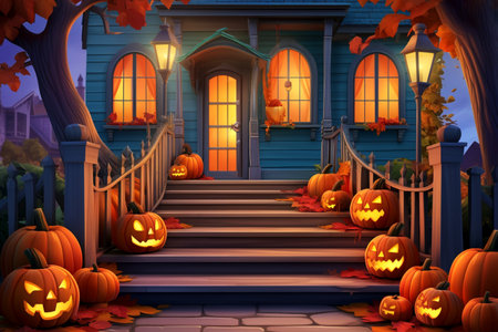 Halloween pumpkins and decorations near the house.の素材