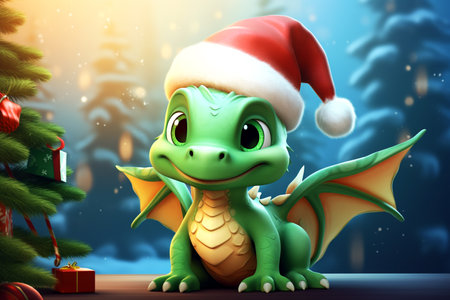 Cute little cartoon green dragon wearing a Santa hat on the background of a Christmas tree.の素材