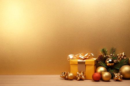 New Year card with a gift, balls and Christmas tree. Copyspaceの素材