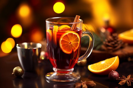 glass cup of tea with lemon and cinnamon christmas backgroundの素材