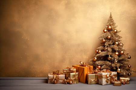 Christmas tree and gift boxes against a wall in gold tones. copyspaceの素材