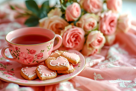 Homemade heart-shaped cookies and tea for Valentines Day.の素材
