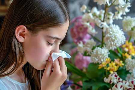 Seasonal allergies in a child. A girl holds a handkerchief against a background of flowers. Selective focus.の素材