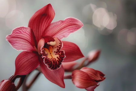 A close-up of a red orchid flower on a gray background.の素材