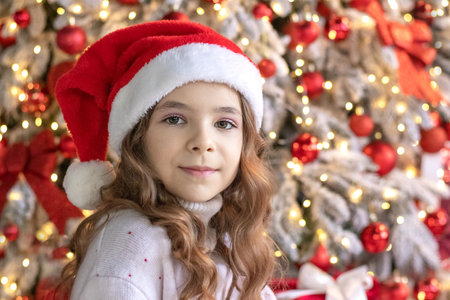 Little girl in Santa hat near Christmas treeの写真素材