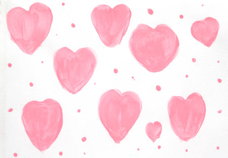 Pink watercolor hearts scattered on a white sheet, playful and artisticの写真素材
