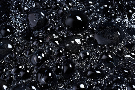 Close-up of dark liquid bubbles creating a shiny abstract textureの素材