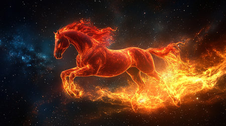 Fiery horse galloping through an ethereal cosmic setting under starry skiesの素材