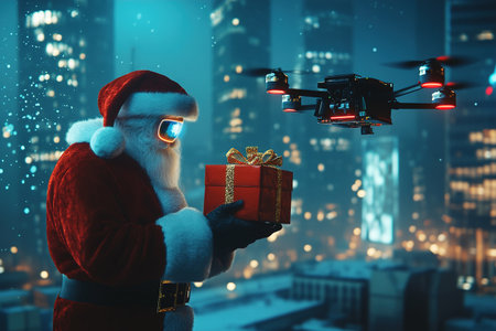 Santa delivers gifts using modern technology with a drone in a city skylineの素材
