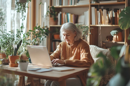 Senior woman working on laptop in cozy home office surrounded by plantsの素材