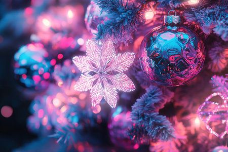 Bright festive decorations with colorful light sparkles during holiday seasonの素材