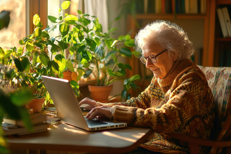 Elderly woman using laptop by sunny window with indoor plantsの素材
