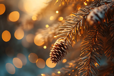 Frosted pinecone on evergreen branch with warm holiday bokeh lightsの素材