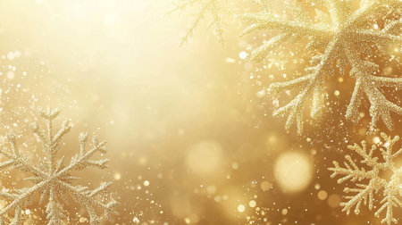 Gold snowflakes with sparkling background representing winter holiday celebrationの素材