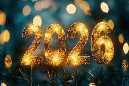 Golden Glitter 2026 Number Decoration with Festive Lights and Sparkling Backgroundの素材