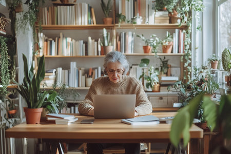 Elderly woman working on laptop in a plant-filled cozy library spaceの素材