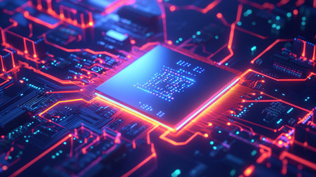 Futuristic semiconductor chip surrounded by glowing circuit with vibrant neon lightsの素材