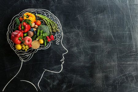 Healthy food arranged as a brain illustration on a chalkboard backgroundの素材