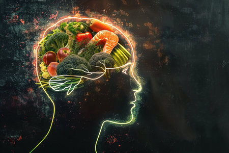 Illustration of a human head with colorful healthy food inside digital conceptの素材