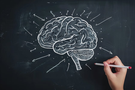 Creative drawing of a brain on chalkboard illustrating knowledge and innovationの素材