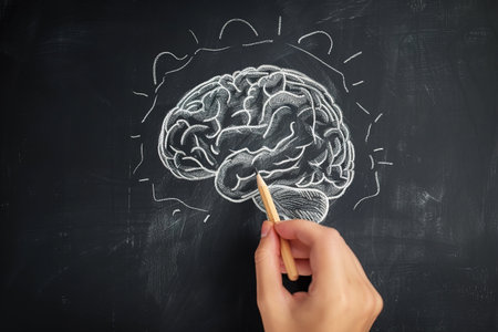 Hand sketching a brain outline on a blackboard with detailed chalk illustrationの素材