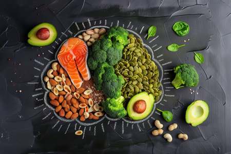 Healthy food selection with salmon, nuts, and vegetables on dark backgroundの素材