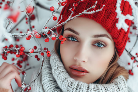 Winter portrait of a woman wearing a red hat surrounded by berriesの素材