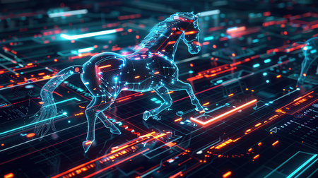 Digital neon horse on futuristic circuitry background with holographic elementsの素材