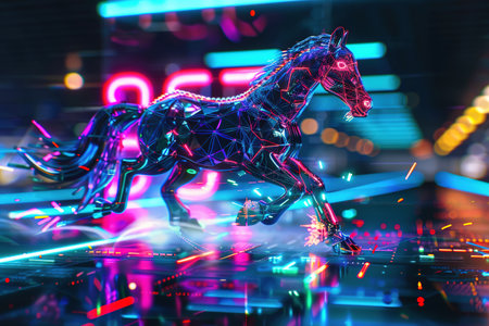 Futuristic neon horse in a racing scene with holographic glow and vibrant city lightsの素材