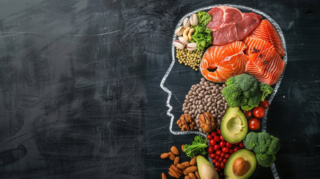 Brain food list: vibrant collage of meat, fish, nuts, avocado and vegetables forming a head silhouetteの素材