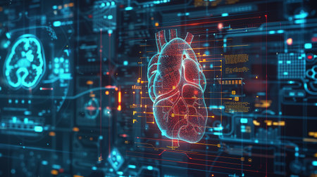 Digital heart visualization in futuristic medical interface with holographic data and blue glowの素材