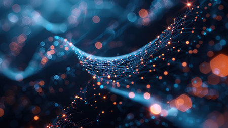 Abstract digital network of glowing nodes and connections in blue and orange tonesの素材
