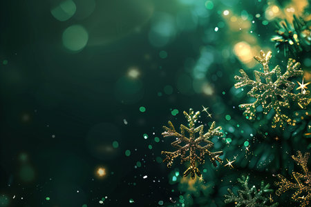 Glittering gold snowflake accents on a green festive background with soft bokeh lightsの素材