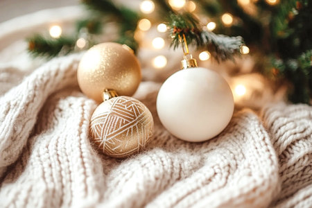 Elegant Christmas ornaments on a soft knit blanket with warm lights and festive atmosphereの素材
