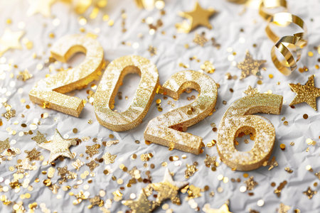 Golden 2026 numbers with glitter and stars for New Year celebration decorの素材