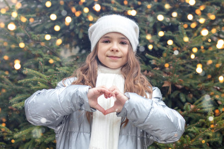 Girl in winter coat and scarf forms a heart with hands in a festive Christmas settingの写真素材