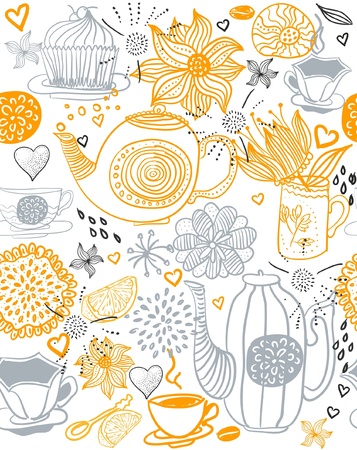 seamless floral background with cups and teapots のイラスト素材