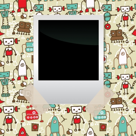 seamless doodle pattern with colorful robots and blank film taped to it のイラスト素材