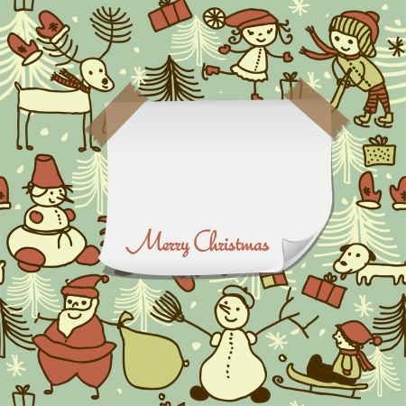 cartoon Christmas pattern with blank paper for your greetingのイラスト素材