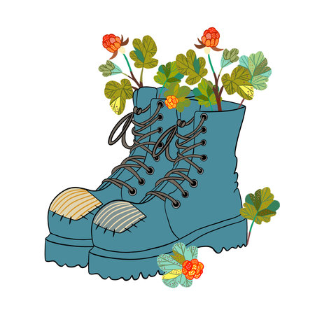 Illustration of boots lost in the forest with northern cloudberriesの写真素材