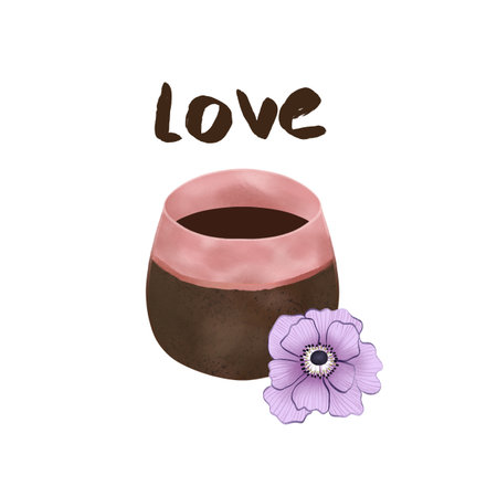 Illustration with a clay cup of cocoa. Clay cup with hot coffee. Cup of coffee with a flower. Ritual cup with cocoa.の写真素材