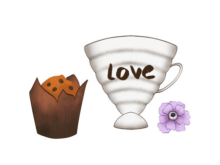 Illustration of a cup of coffee with the word love written on it, a chocolate cupcake, and a purple flower. The perfect morning set.の写真素材