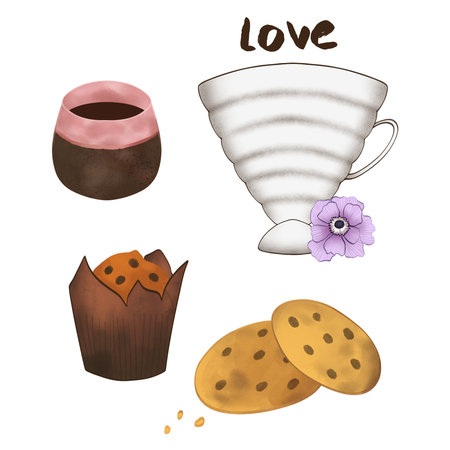 A set of illustrations depicting a perfect morning with coffee. The set consists of a cup of coffee with a flower, a clay cup, cookies, and a cupcake.の写真素材