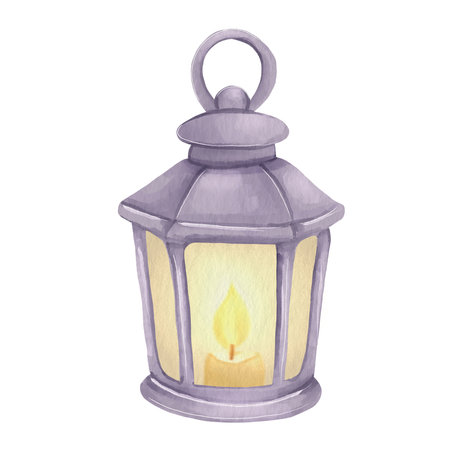 A fairy-tale illustration of a glass lantern with a burning candle. A watercolor-style childrens drawing for Christmas.の写真素材