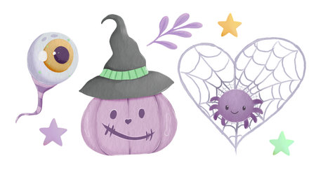 A set of purple watercolor elements for a cute Halloween. A pumpkin in a hat, a spider, an eyeball, stars, and a leaf.の写真素材