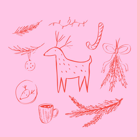 Vector linear doodle set whimsical Christmas. Reindeer, fir branches, cocoa cookies, garland.のイラスト素材
