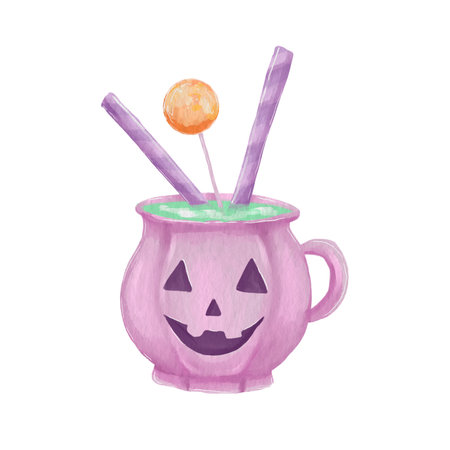 Watercolor illustration of a cute purple pumpkin-shaped mug with a drink.の写真素材